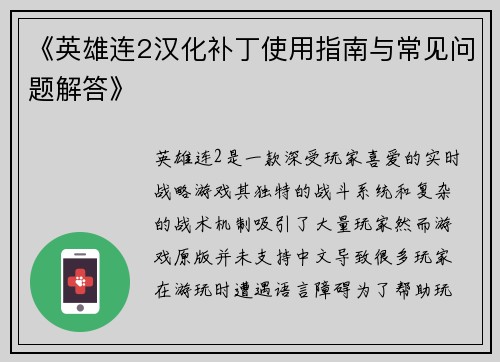 《英雄连2汉化补丁使用指南与常见问题解答》