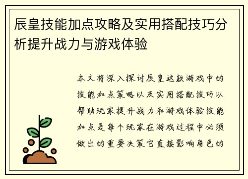 辰皇技能加点攻略及实用搭配技巧分析提升战力与游戏体验