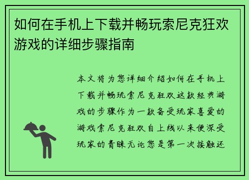 如何在手机上下载并畅玩索尼克狂欢游戏的详细步骤指南